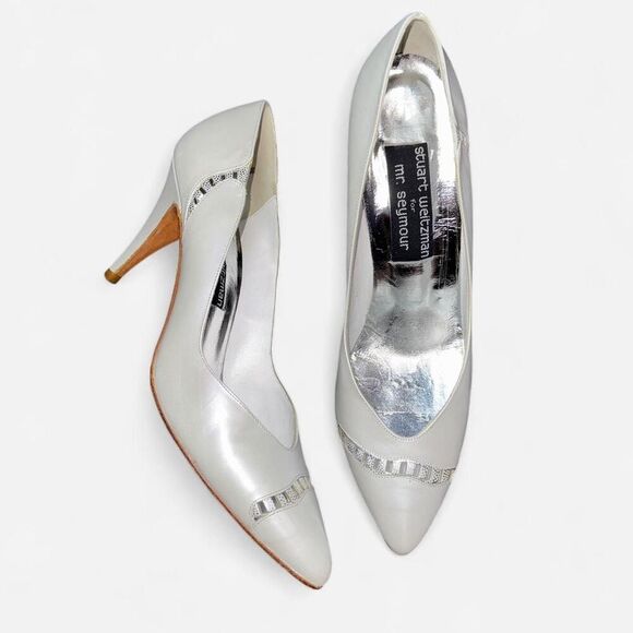 Vintage Stuart Weitzman White Heels with Silver Details - Perfect for Wedding! - Picture 1 of 9